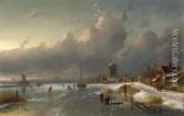Ice Fishing On A Frozen River At Dawn Oil Painting - Charles Henri Leickert