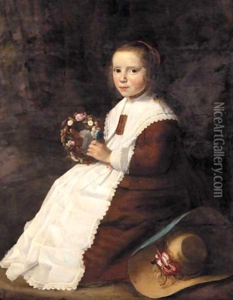 Portrait Of A Young Girl, Full Length, Seated In A Landscape, Wearing A Brown Dress And Holding A Garland Of Flowers Oil Painting - Hendrick Van Vliet