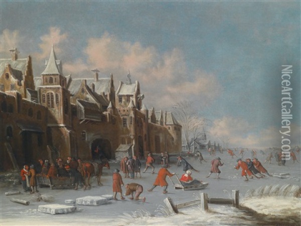Eisvergnugen Vor Den Toren Einer Hollandischen Stadt Oil Painting - Thomas Heeremans