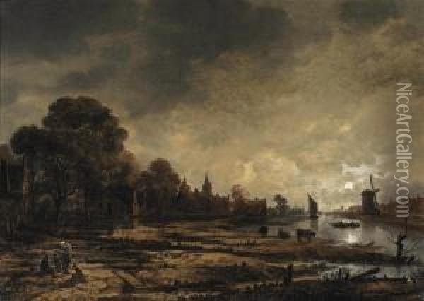 A Moonlit River Landscape With Figures Conversing On The Outskirts Of A Town Oil Painting - Aert van der Neer