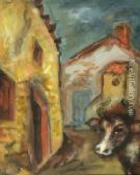 Village Centre Witseveral Houses, A Cow At The Right Oil Painting - Issachar ber Ryback
