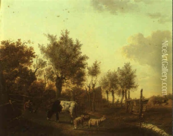Farmyard Scene With Cows And Sheep And A Farmer Seated By A Fence Oil Painting - Jan Kobell the Younger