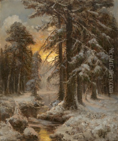 Sunset In The Winter Forest Oil Painting - Simeon Fedorovich Fedorov