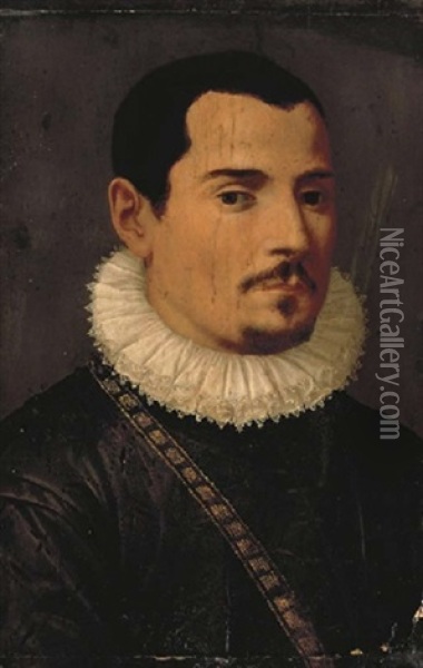 Portrait Of A Gentleman, Bust-length, In A Black Doublet And A Lace Ruff Oil Painting - Tommaso Manzuoli