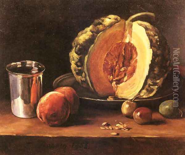 Still life with a Pumpkin, Peaches and a Silver Goblet on a Table Top Oil Painting - Francois Bonvin