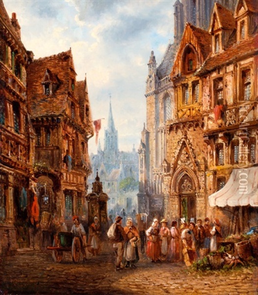 Groentenmarkt Op Het Plein Van De Kathedraal Te Rouen Oil Painting - Pieter Cornelis Dommershuijzen