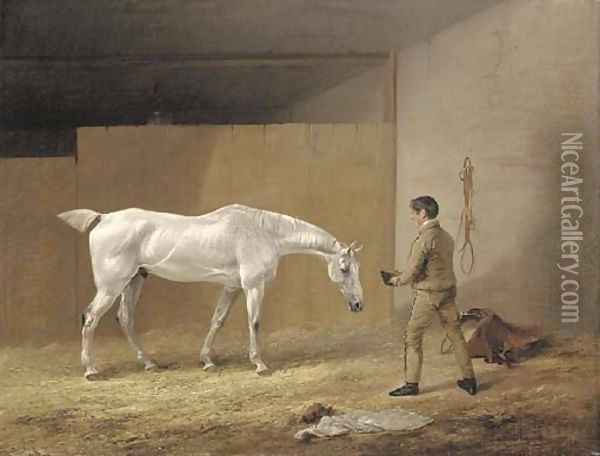 A grey hunter and stableboy Oil Painting - Edmund Bristow