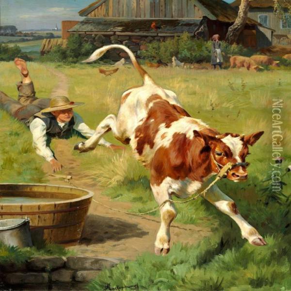 En Glad Kalv. Skaane Oil Painting - Adolf Henrik Mackeprang