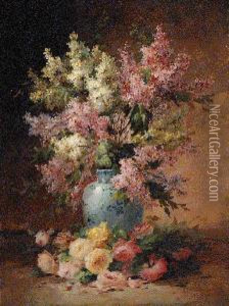 A Vase Of Lilac With Roses On A Ledge Oil Painting - Edmond Van Coppenolle