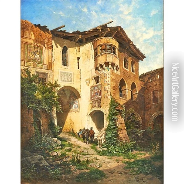 Castle Courtyard In The Ridges Oil Painting - Leopold Munsch