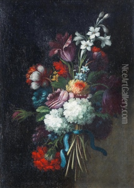 A Bouquet Of Roses, Tulips, Hydrangeas And Other Flowers Oil Painting - Jean-Baptiste Monnoyer