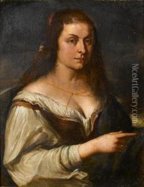 Portrait Of A Young Woman, 
Half-length, With Aflower In Her Hair, A Brown Waistcoat, A White 
Chemise And A Bluewrap Oil Painting - Orazio De Ferrari