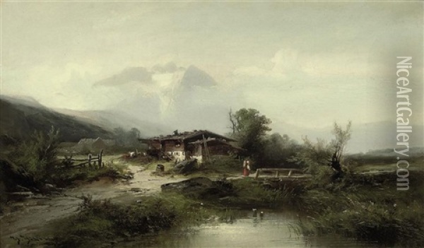 A Figure Before An Alpine Chalet Oil Painting - Heinrich Hiller