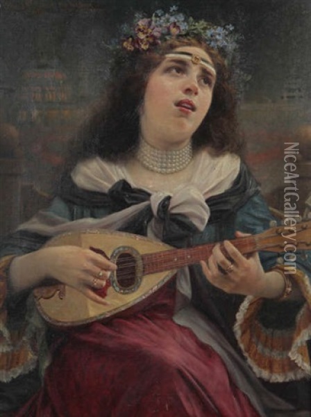 Jeune Femme A La Mandoline Devant Lagune Oil Painting - Prosper Hoste