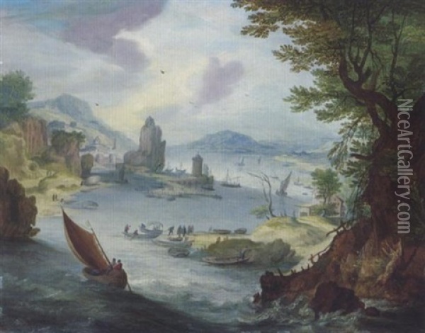 Weite Bewaldete Flusslandschaft Mit Schiffen Und Figuren Oil Painting - Karel Beschey