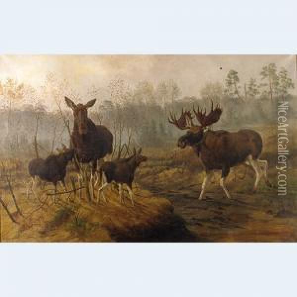 Moose Family In A Landscape Oil Painting - Oskar Von Krockow Von Wickerode