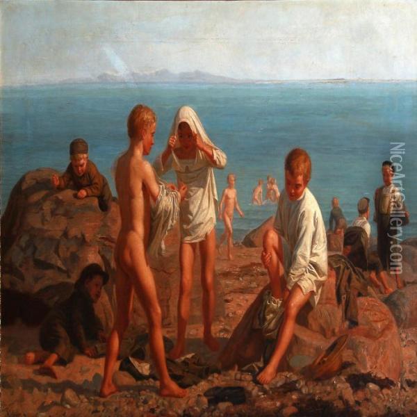 Bathing Boys Near The Sea Oil Painting - August Heinrich Schiott