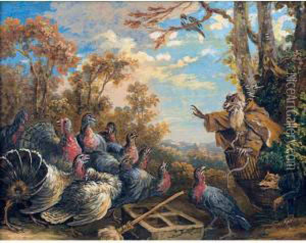 A Monkey, Dressed As A Franciscan Monk, Preaches To Turkeys, With A Fox Looking On Oil Painting - Alexis Peyrotte