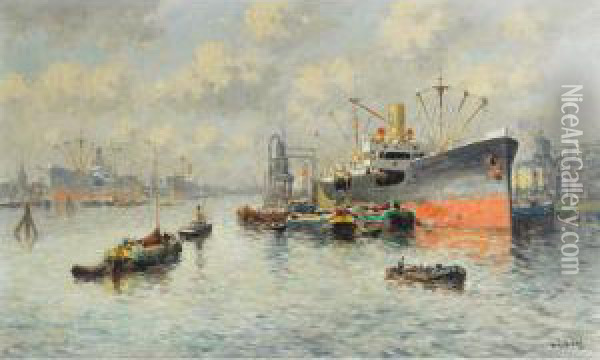 Rotterdam Harbour; Fishing Boats Near The Coast Oil Painting - J. Van Delden
