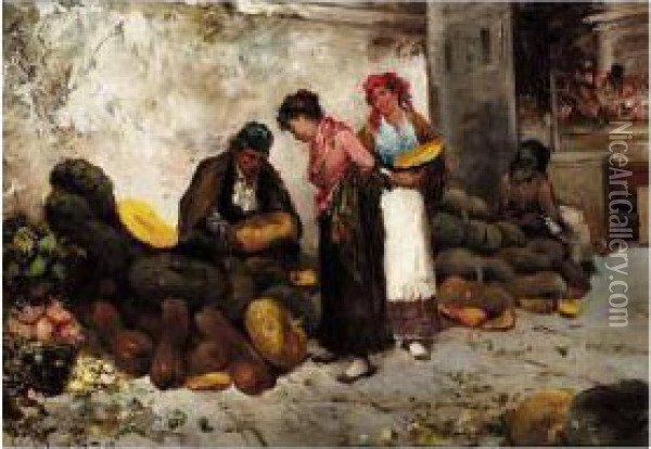Vegetable Market, Italy Oil Painting - Antonio Lonza