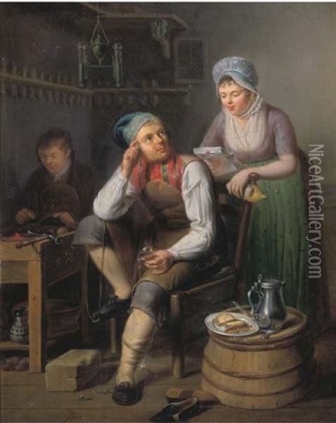 A Shoemaker And A Cobbler At Work, A Lady Reading A Letter Nearby Oil Painting - Pieter Fonteyn