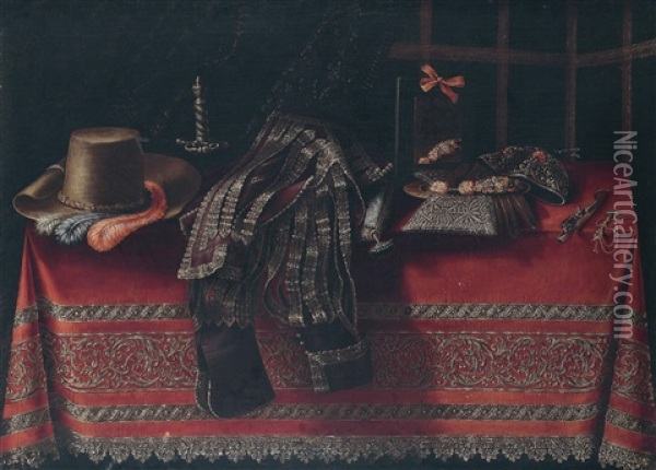 Ein Stillleben Mit Kleidungsstucken, Waffen Und Einem Spiegel Auf Einem Roten, Bestickten Tischtuch Oil Painting - Carlo Manieri