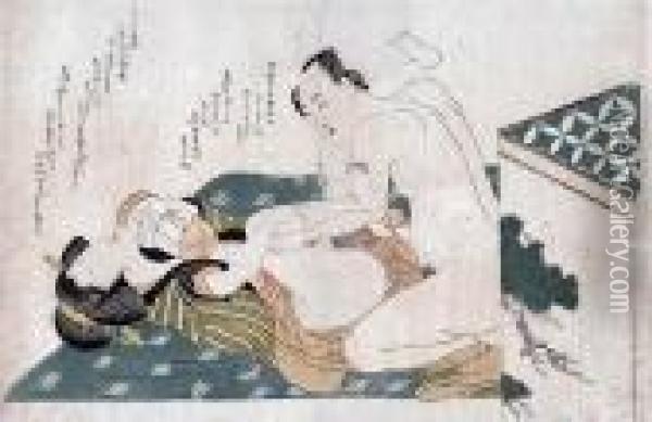 Shunga Oil Painting - Kitagawa Tsukimaro