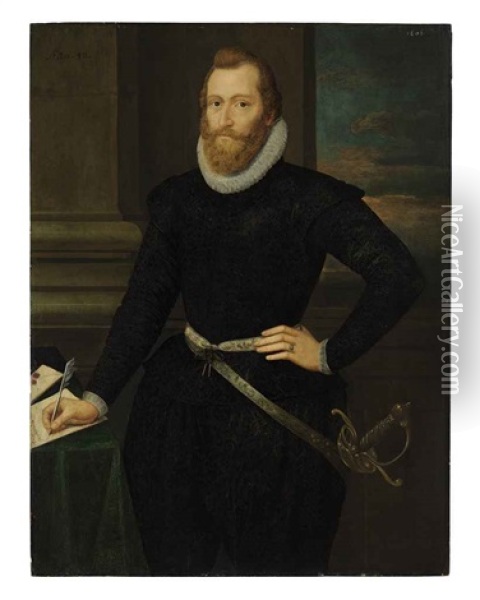 Portrait Of A Gentleman, Formerly Identified As Sir Walter Raleigh, In Black Standing By A Table Oil Painting - Marcus Gerards the Younger