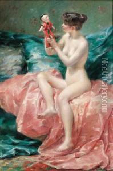 A Young Nude With A Doll Oil Painting - Pierre Desire Eugene Franc Lamy
