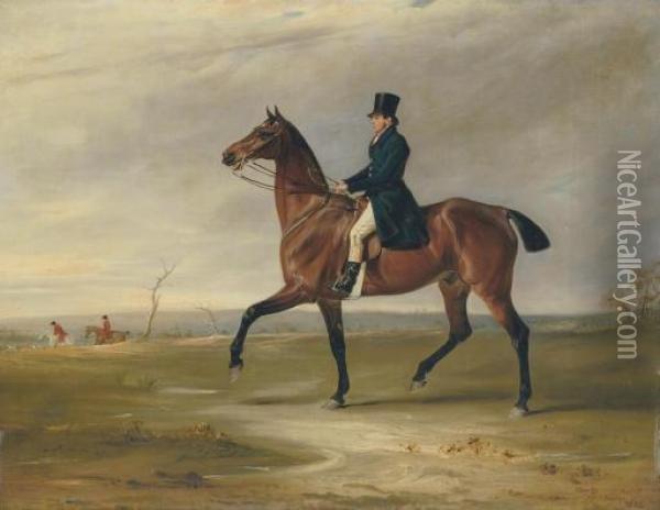 A Gentleman, Possibly Francis Holyoake, On A Bay Hunter In A Landscape, A Hunt Beyond Oil Painting - John Snr Ferneley