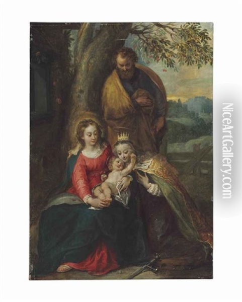The Holy Family With Saint Catherine Of Alexandria Beneath A Cherry Tree Oil Painting - Jan Van Balen