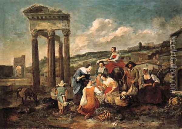 An Italianate market by a ruined temple Oil Painting - Hendrick Mommers