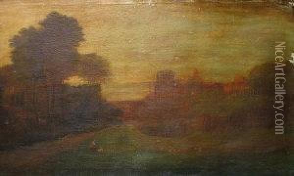 Figures With Sheep Near An Abbey At Sunset Oil Painting - John Atkinson Grimshaw