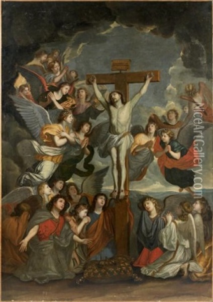 Le Crucifix Aux Anges (after Charles Le Brun) Oil Painting - Louis Licherie De Beurie