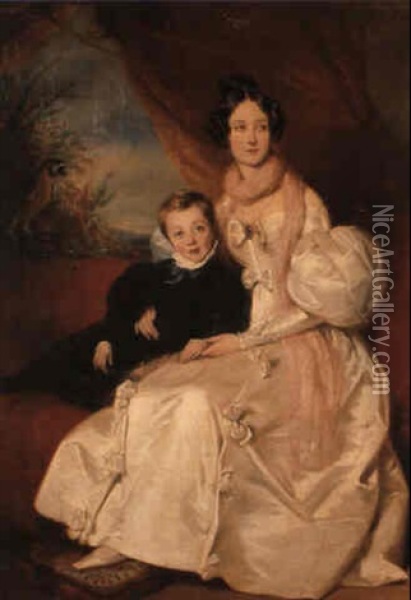 Portrait De La Baronne Simonis Et De Son Fils Oil Painting - Henri De Caisne