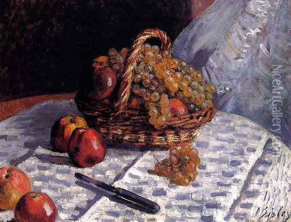 Still Life: Apples And Grapes Oil Painting - Alfred Sisley