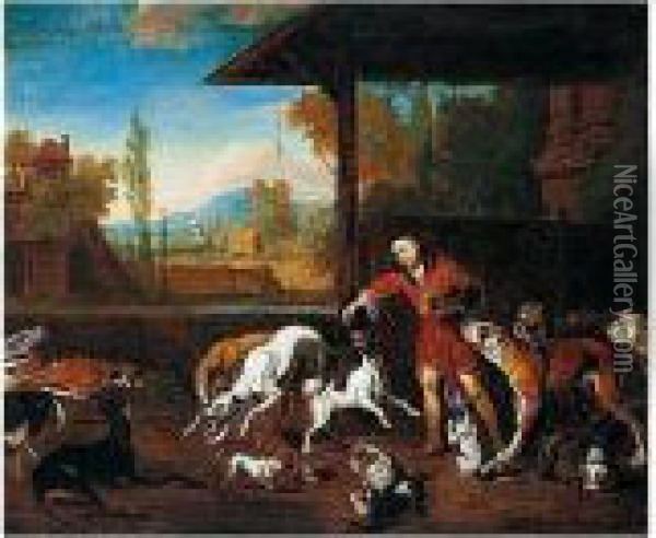 Feeding The Dogs Oil Painting - Abraham Hondius