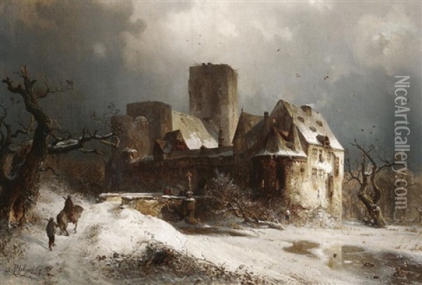 Winterabend: Heimkehrende Soldaten Vor Einem Wasserschlos Oil Painting - Carl Hilgers