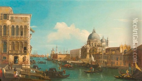 Blick Auf Den Canal Grande In Venedig Mit Der Kirche Santa Maria Della Salute Auf Der Rechten Seite Oil Painting - Bernardo Bellotto