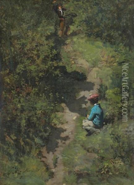 Deux Enfants Sur Un Chemin Dans Une Foret Oil Painting - Pierre Billet
