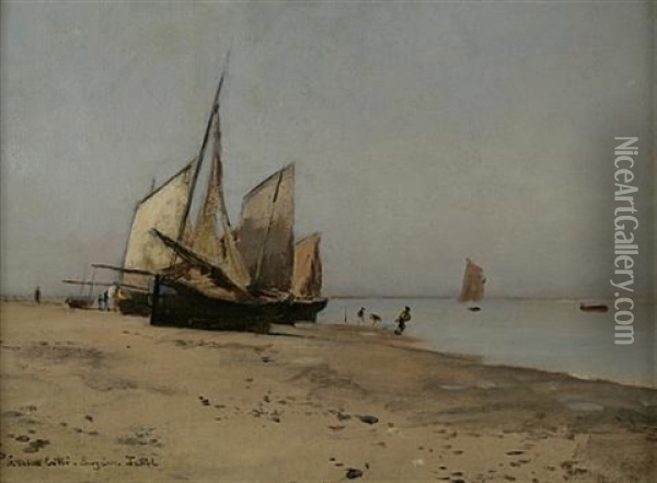 Ships On A Beach Oil Painting - Eugen Jettel