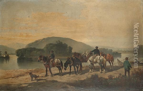 A River Scene With Working Horses And Men In The Foreground Oil Painting - Friedrich Hohe