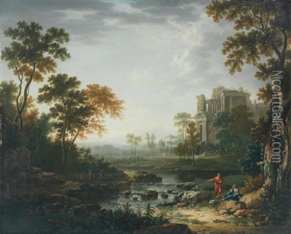 An Italianate Landscape With Figures Resting On The Bank Of A River Oil Painting - Jan Van Huysum