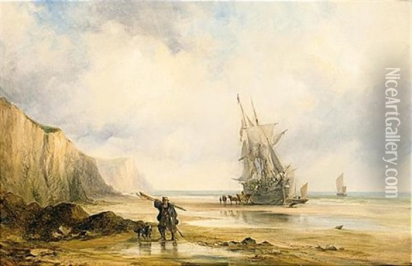 A Fisherman Returning Home, A Vessel Grounded At Low Tide Beyond Oil Painting - Sir George Chambers