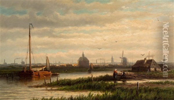 Panoramic View On A City Gate Of Amsterdam Oil Painting - Georgius Heerebaart
