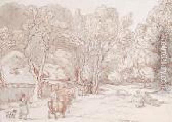 Figures And Cattle Before Cottages Oil Painting - Thomas Rowlandson