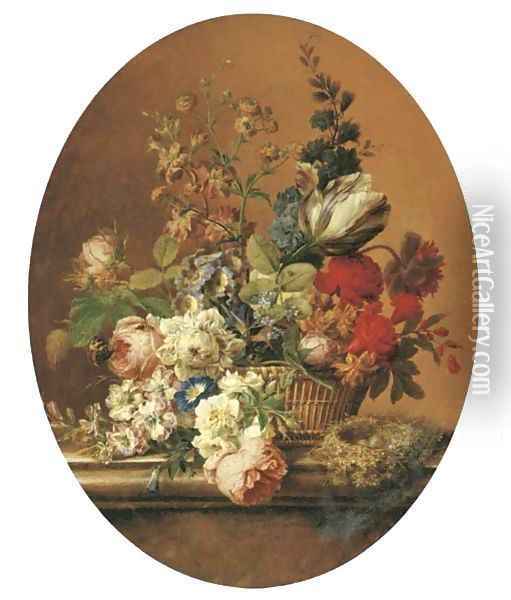 A tulip, primroses, forget-me-not, roses, delphinium, buttercup, poppies, morning glory and other flowers in a basket with a dunnock's nest on a stone Oil Painting - Gerard Van Spaendonck