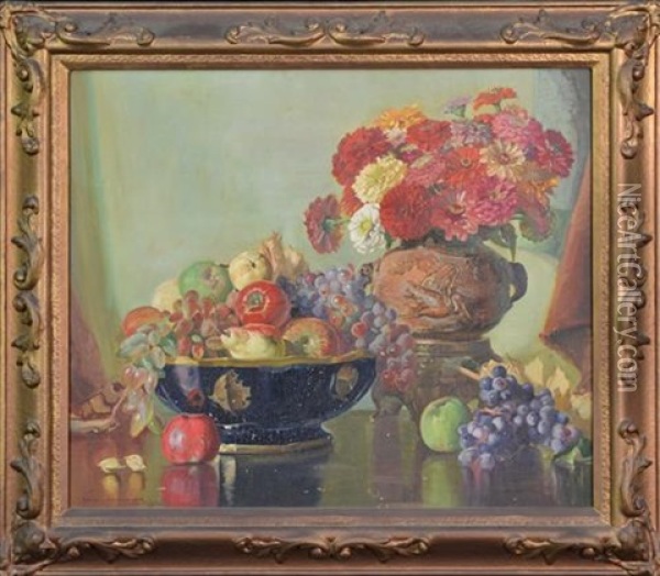 Fruit & Flowers In Oriental Vase,. Still Life Oil Painting - George Whinnen