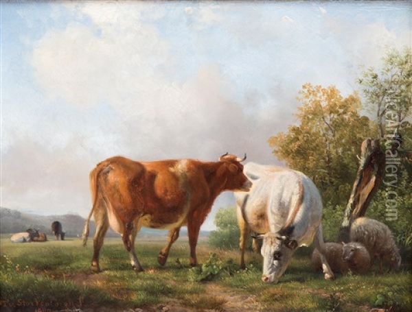 Sheeps And Cows In A Meadow Oil Painting - Willem Tjarda van Starckenborgh Stachouwer