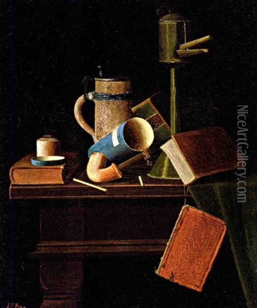 Still Life With Mug, Pipe And Books Oil Painting - John Frederick Peto